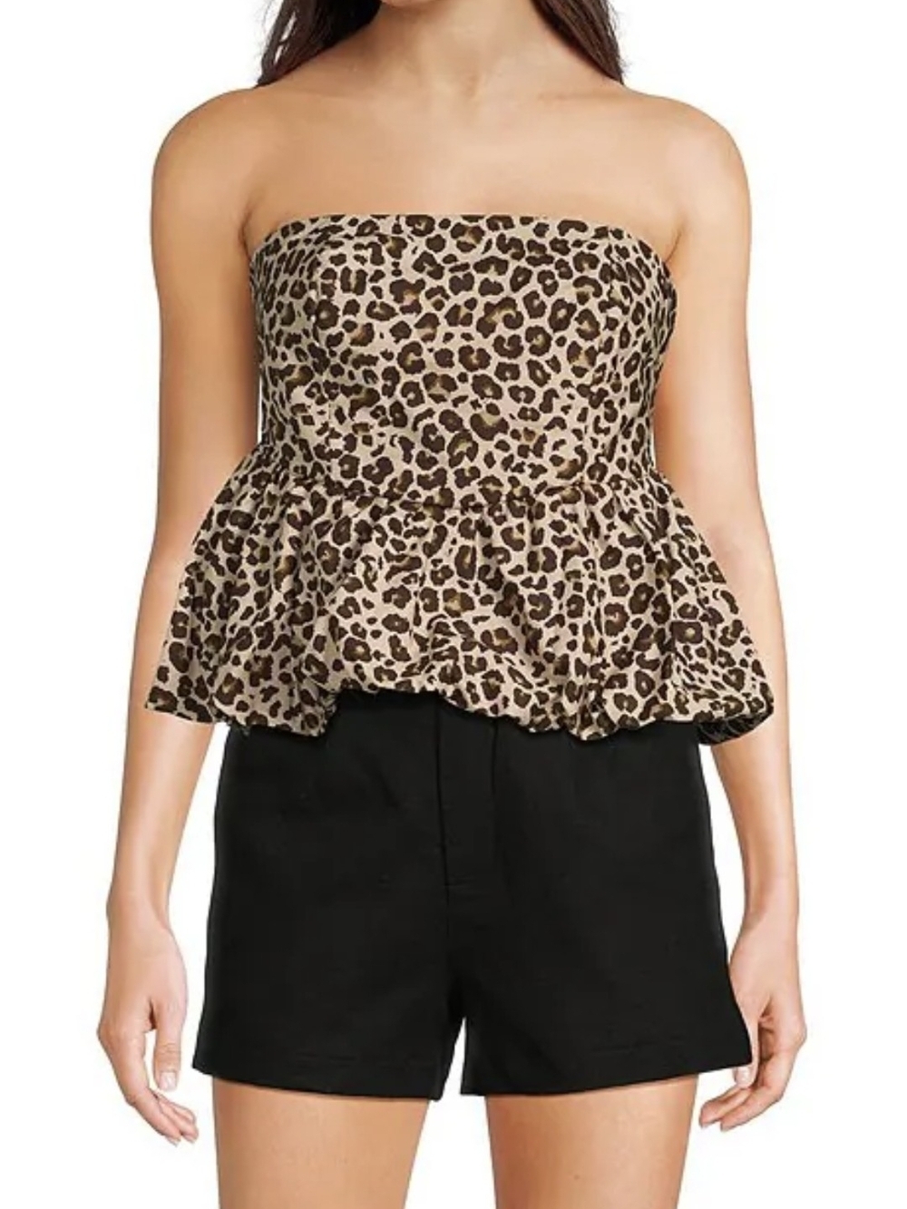 GB Leopard Print Strapless Bubble Hem Peplum Top Smocked Back Size XL